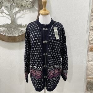 NWT Handknitted Sweater Market Denmark Wool Cardigan Pewter Clasps Navy XL